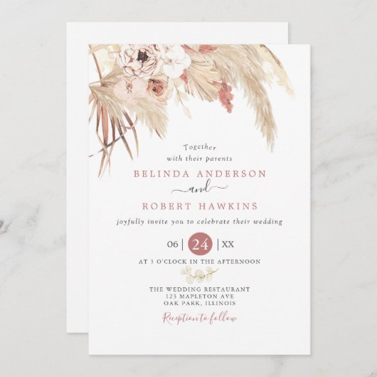 Invitation Desert Dusty Rose Boho Pampas Mariage en herbe (Devant / Derrière)