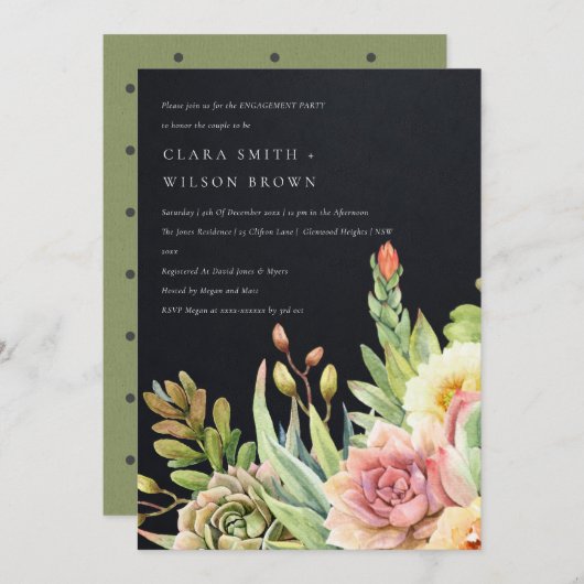 INVITATION DÉSERT NOIR SUCCULENT CACTI FOLIAGE FIANÇAILLES (Devant / Derrière)