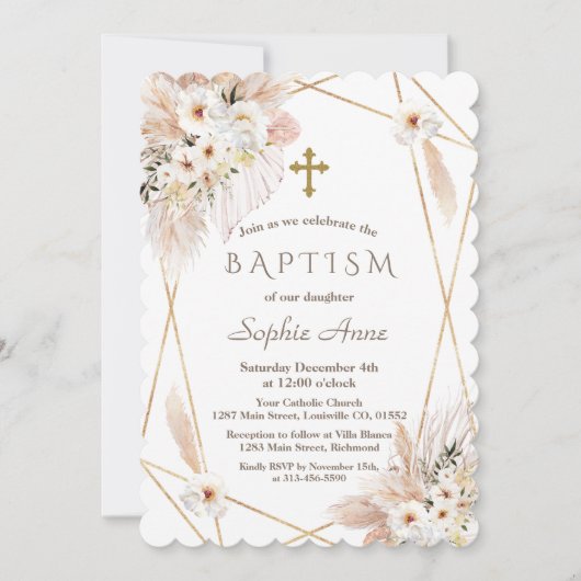 Invitation Desert Roses Blanches Pampas Grass Girl Baptême (Devant)