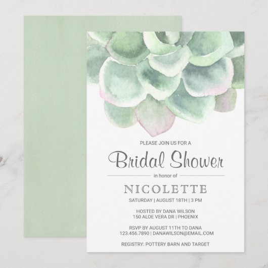 Invitation Desert Sage Green Fête des mariées succulente (Devant / Derrière)