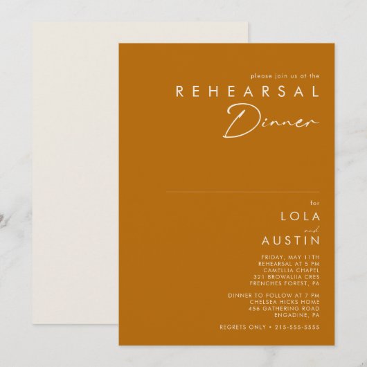 Invitation Désert simple | Dîner de répétition orange brûlé (Devant / Derrière)