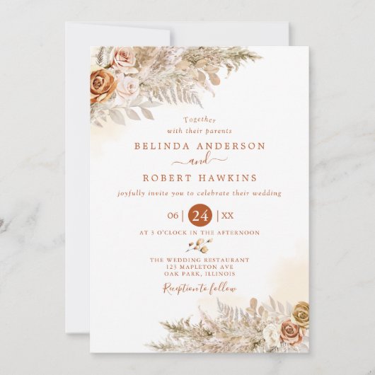 Invitation Désert Terme Automne Boho Rose Pampas Mariage  (Devant)