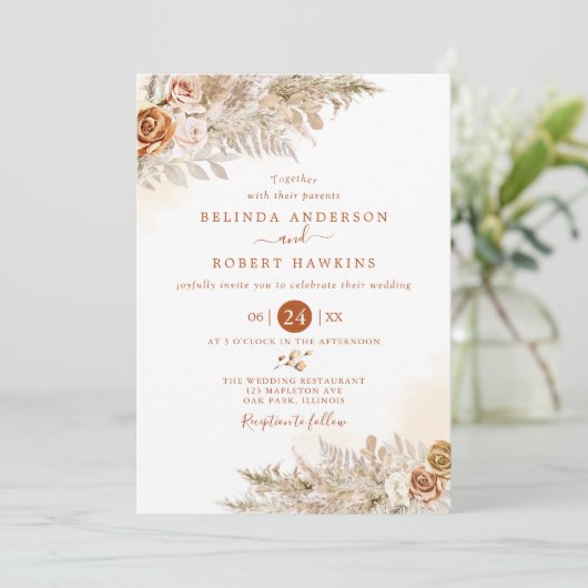 Invitation Désert Terme Automne Boho Rose Pampas Mariage (Debout devant)