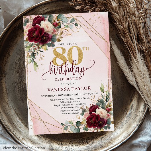 Invitation Design Boho Marsala Gold Flowers 80e anniversaire