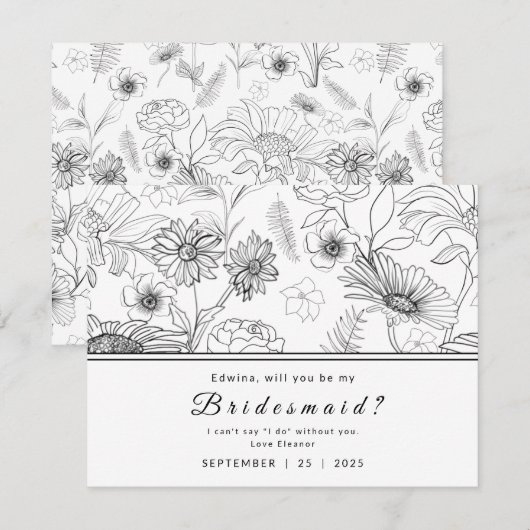Invitation Design de fleur marguerite noir et blanc Soyez ma (Devant / Derrière)