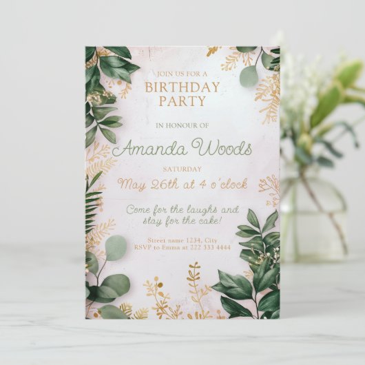 Invitation Design élégant et moderne d'anniversaire vert doré (Debout devant)