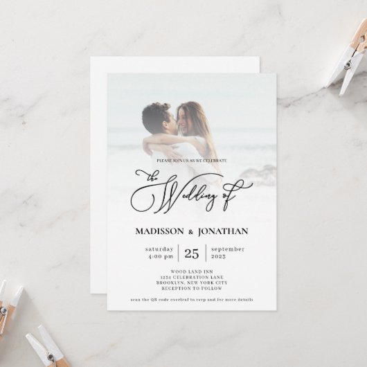 Invitation Design élégant moderne photo QR Code Mariage (Devant/Arrière en situation)