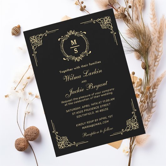 Invitation Design Élégant Monogramme Classique Noir et Or