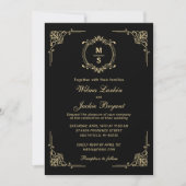 Invitation Design Élégant Monogramme Classique Noir et Or (Devant)