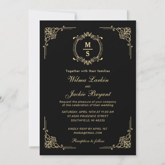 Invitation Design Élégant Monogramme Classique Noir et Or (Devant)