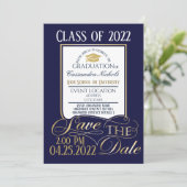 Invitation Design élégant, or, blanc et bleu Graduation (Debout devant)