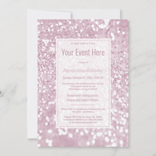 Invitation Design élégant rose blanc parties scintillant glam (Devant)