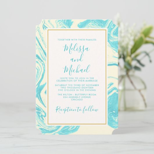Invitation Design en marbre élégant en Mariage Turquoise et C (Debout devant)