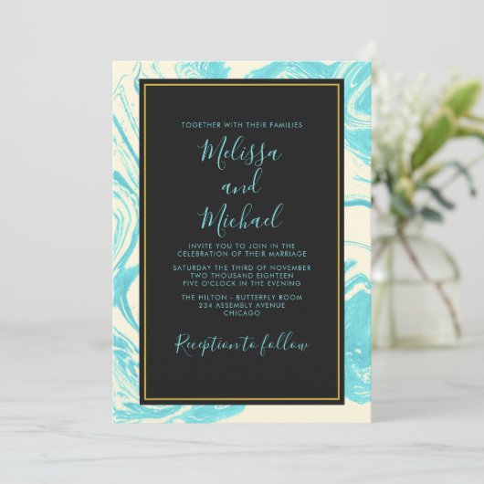 Invitation Design en marbre élégant en Mariage Turquoise et C (Debout devant)