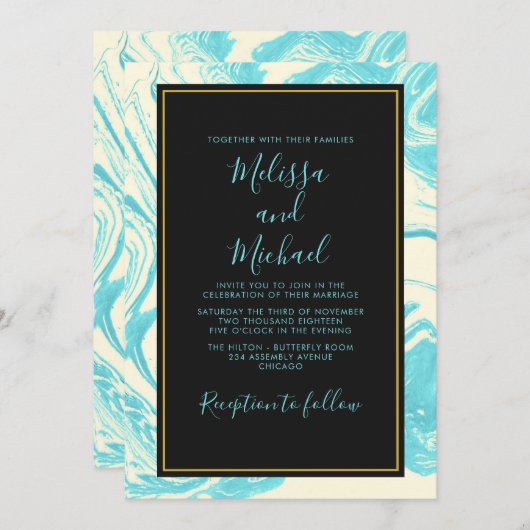 Invitation Design en marbre élégant en Mariage Turquoise et C (Devant / Derrière)
