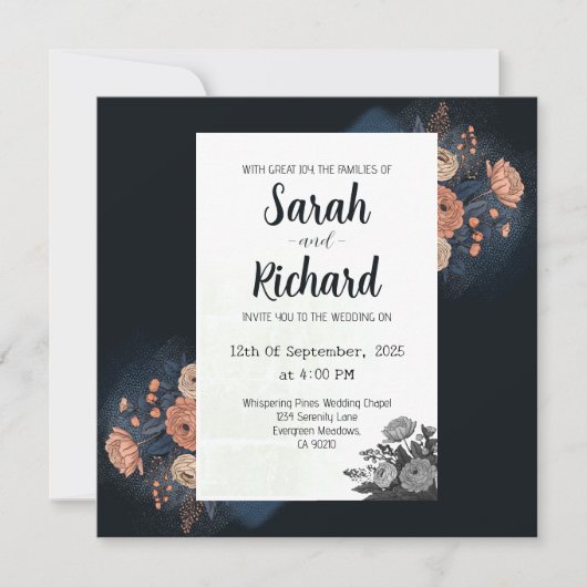 Invitation Design floral bleu foncé élégant avec accents de b (Devant)