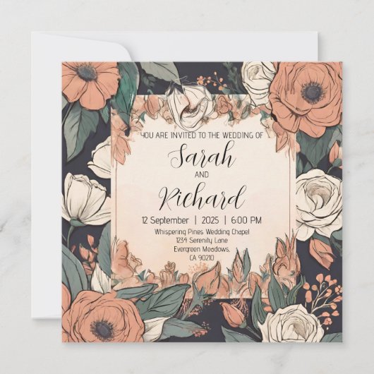 Invitation Design floral chic avec des accents corail et crèm (Devant)