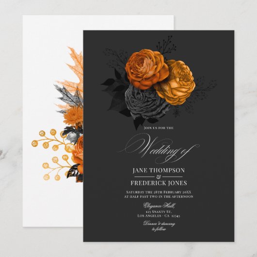 Invitation Design floral gothique noir et orange élégant (Devant / Derrière)