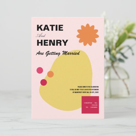 Invitation Design graphique amusant Mariage orange jaune rose (Debout devant)