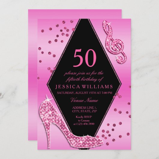 Invitation Design Joli Glitzy rose 50e anniversaire (Devant / Derrière)