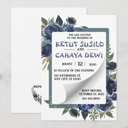 Invitation Design Mariage bleu et blanc (Devant / Derrière)