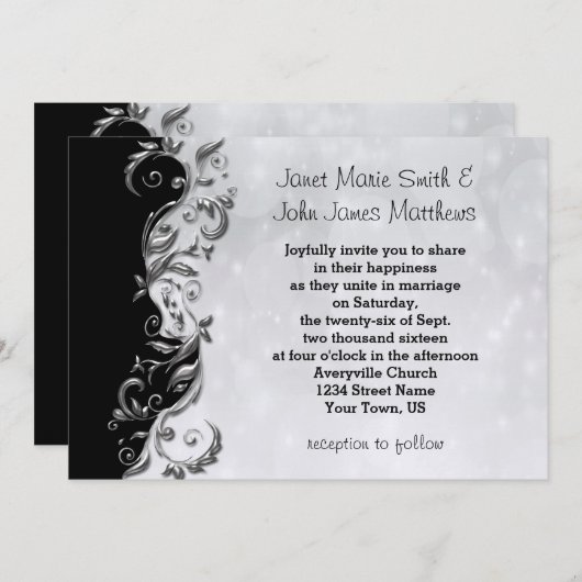 Invitation Design Mariage Floral Noir & Argent (Devant / Derrière)