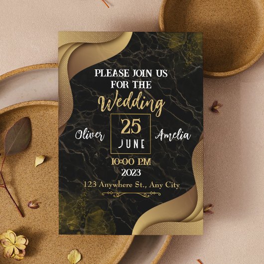 Invitation Design moderne en marbre noir et or Mariage