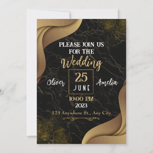 Invitation Design moderne en marbre noir et or Mariage (Devant)