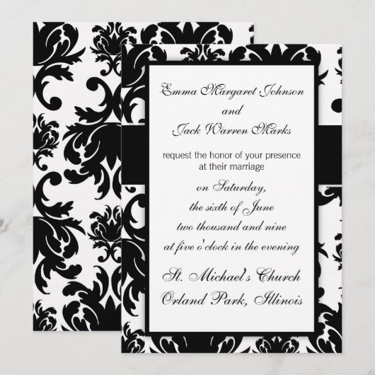 Invitation design noir blanc damassé (Devant / Derrière)