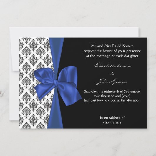 Invitation Design ruban Damask FAUX de la marine (Devant)