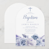 Invitation Designer Dusty Blue Floral garçon ou fille Baptême (Devant / Derrière)