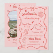 Invitation Dessin à la main Red Pink Doodle Photo Graduation  (Devant / Derrière)