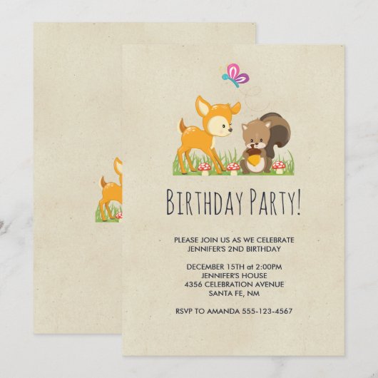 Invitation Dessin animé d'anniversaire de créatures mignonnes (Devant / Derrière)