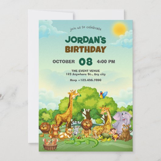 Invitation Dessin animé zoo animaux mignons (Devant)