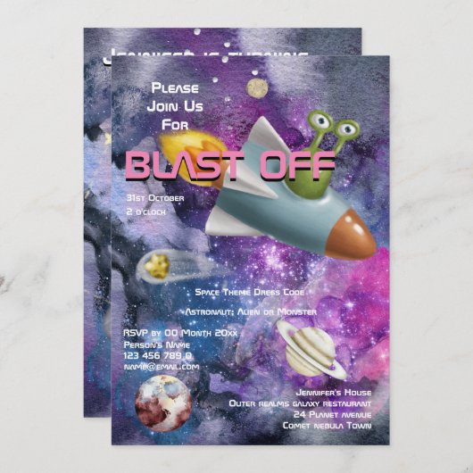 Invitation Dessin d'Alien mignon UFO filles thème de l'espace (Devant / Derrière)