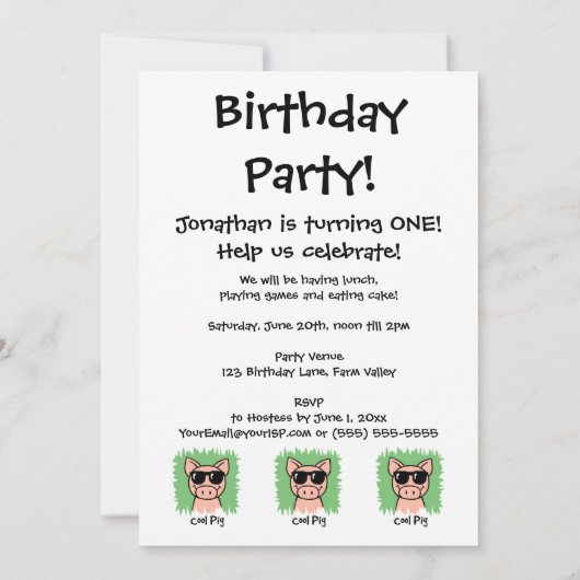 Invitation Dessin d'art Cool Cochon lunettes de soleil Garçon (Dos)