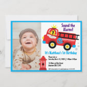 Invitation Dessin de caricature joli de pompier rouge (Devant)