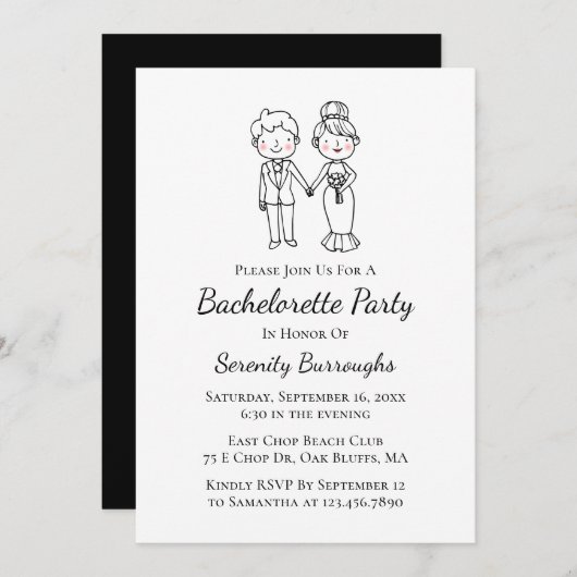 Invitation Dessin de mariée Groom Black Bachelorette Party (Devant / Derrière)