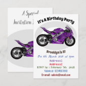 Invitation Dessin de moto de sport violet (Devant / Derrière)