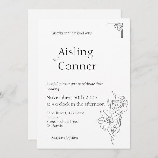 Invitation Dessin d'orchidée élegant minimal tout en un budge (Devant / Derrière)