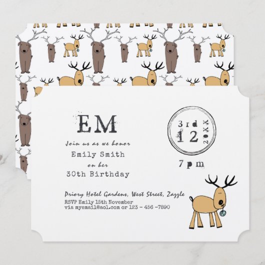 Invitation Dessin Russe de Noël Reindeer Doodle Typeset (Devant / Derrière)