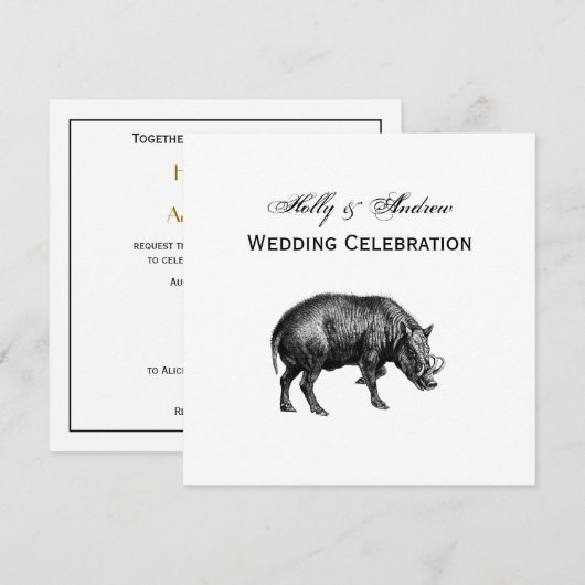 Invitation Dessin vintage de sanglier en noir et blanc (Devant / Derrière)
