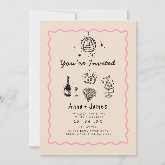 Invitation dessiné à la main whimsical tendance mariage funky (Devant)