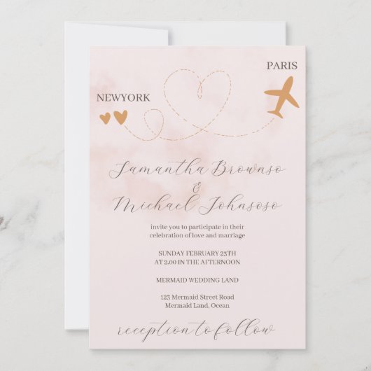 Invitation Destination avion à l'étranger mariage rose (Devant)