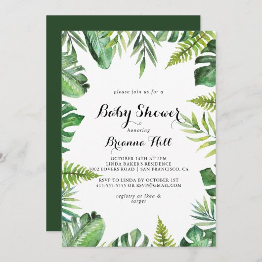 Invitation Destination Baby shower vert tropical (Devant / Derrière)