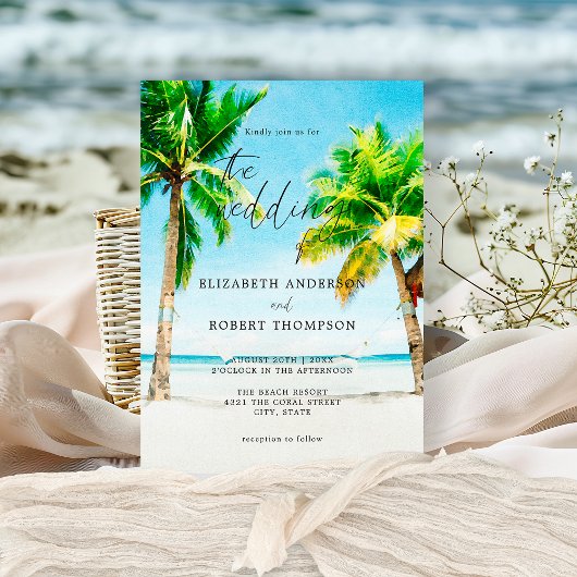 Invitation Destination de mariage avec palmiers sur une plage