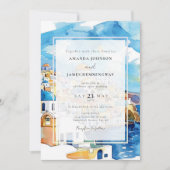 Invitation Destination élégante Santorin Grèce Bleu & Blanc (Devant)