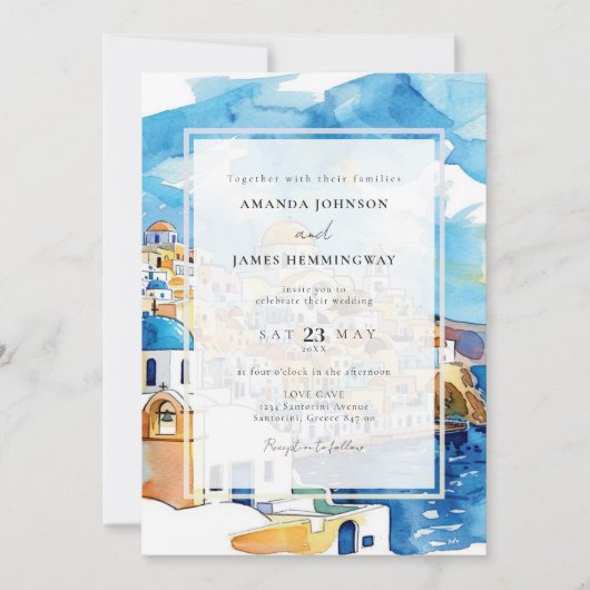 Invitation Destination élégante Santorin Grèce Bleu & Blanc (Devant)