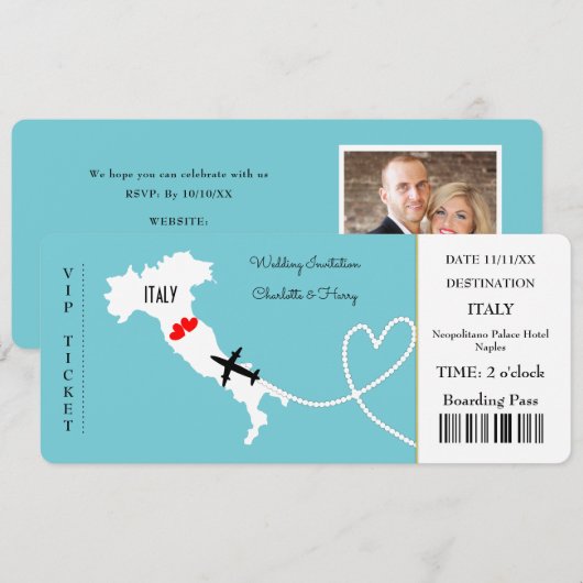 Invitation Destination Mariage Italie Europe Ticket Invitatio (Devant / Derrière)