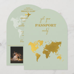 Invitation Destination Mariage Monde Passport Sage Vert Or